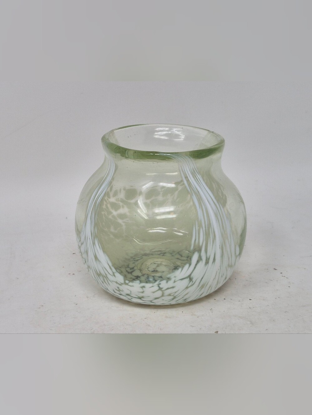 Small Light Green Art Glass Vase With White Swirl Pattern